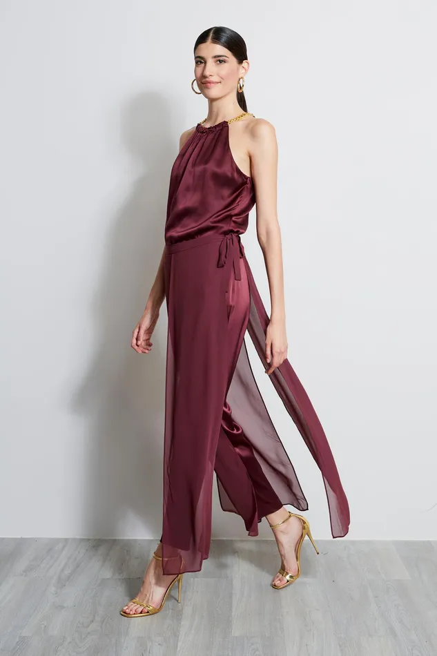 Tops Women Elie Tahari Silk Satin Chain Halter Shirt CORDOVAN
