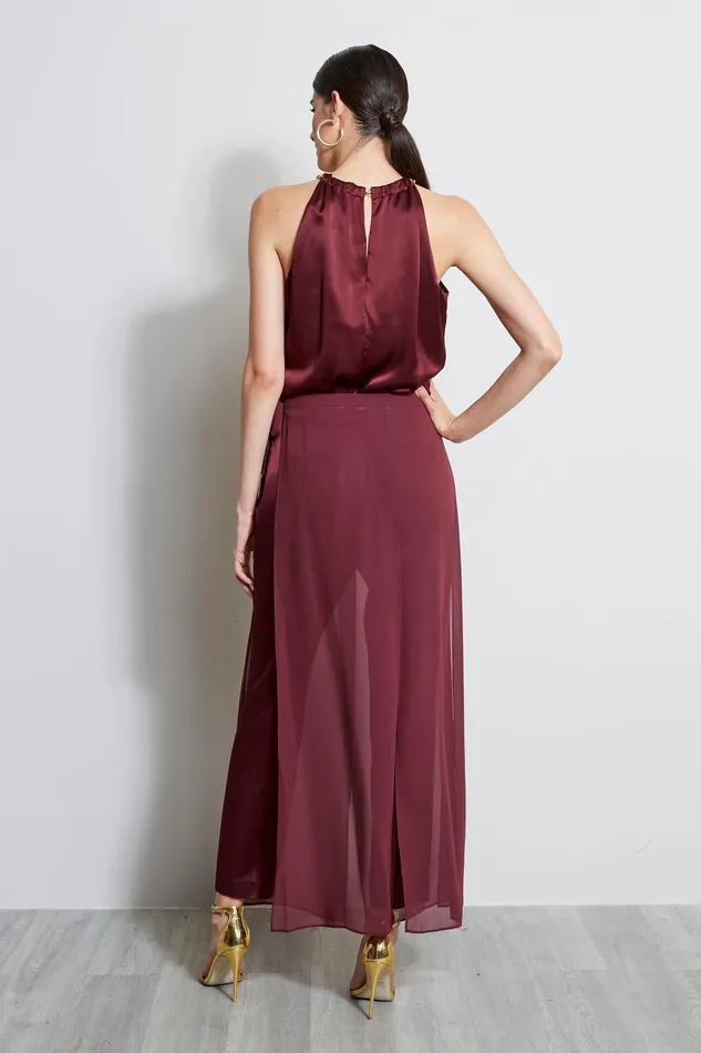 Tops Women Elie Tahari Silk Satin Chain Halter Shirt CORDOVAN