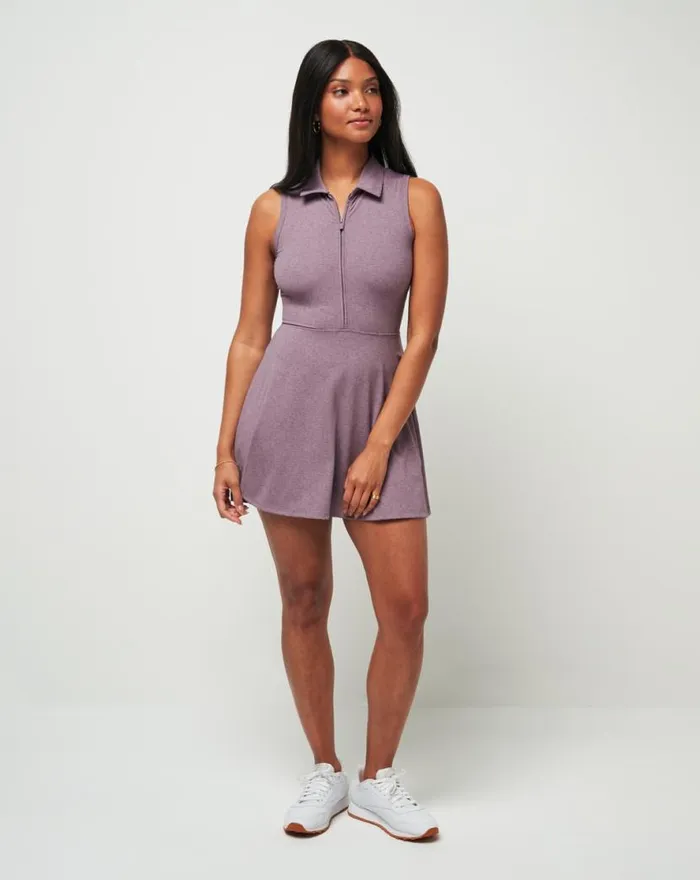 TravisMathew MOVEKNIT SLEEVELESS POLO DRESS 20 Heather Moonscape Women Dresses TravisMathew MOVEKNIT SLEEVELESS POLO DRESS 20 Heather Moonscape Women Dresses