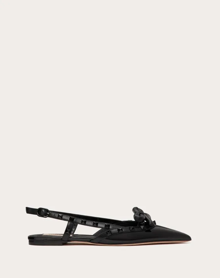 Valentino Ballerinas Woman Rockstud Bow Slingback Ballerina In Patent Leather With Toneontone Studs For Woman In Black Black Valentino Ballerinas Woman Rockstud Bow Slingback Ballerina In Patent Leather With Toneontone Studs For Woman In Black Black