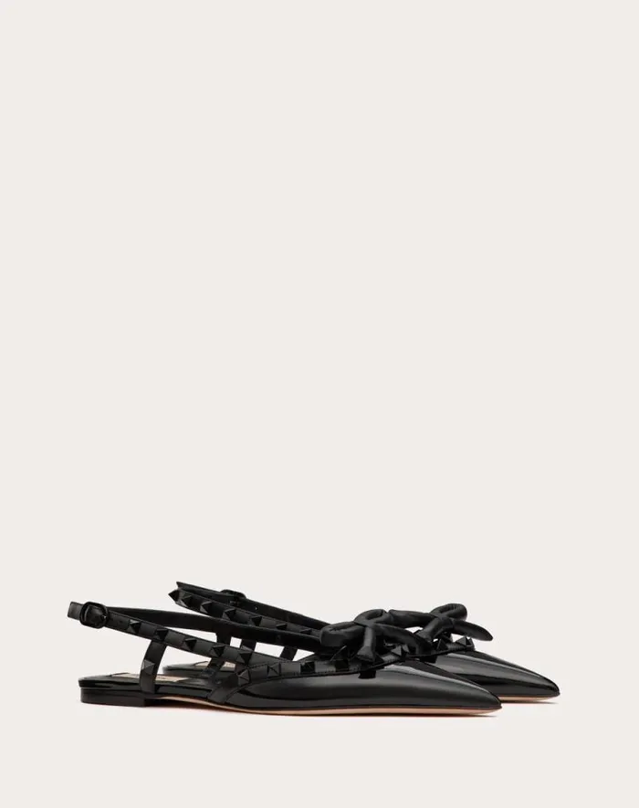 Valentino Ballerinas Woman Rockstud Bow Slingback Ballerina In Patent Leather With Toneontone Studs For Woman In Black Black Valentino Ballerinas Woman Rockstud Bow Slingback Ballerina In Patent Leather With Toneontone Studs For Woman In Black Black