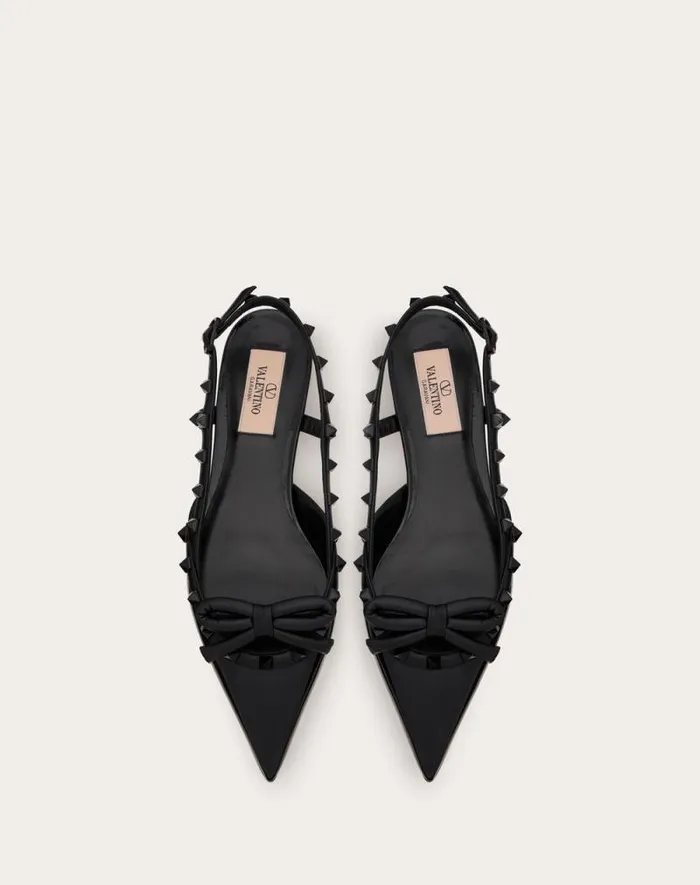 Valentino Ballerinas Woman Rockstud Bow Slingback Ballerina In Patent Leather With Toneontone Studs For Woman In Black Black Valentino Ballerinas Woman Rockstud Bow Slingback Ballerina In Patent Leather With Toneontone Studs For Woman In Black Black