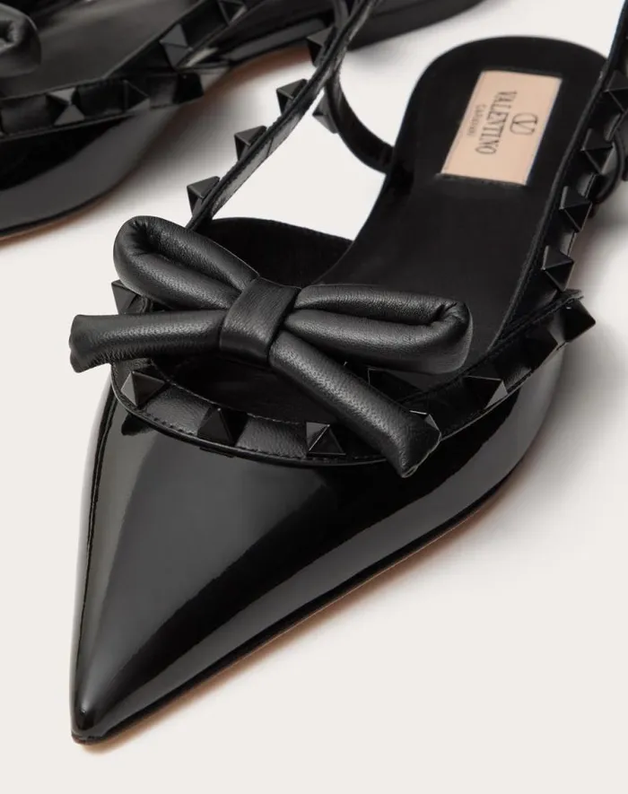 Valentino Ballerinas Woman Rockstud Bow Slingback Ballerina In Patent Leather With Toneontone Studs For Woman In Black Black Valentino Ballerinas Woman Rockstud Bow Slingback Ballerina In Patent Leather With Toneontone Studs For Woman In Black Black