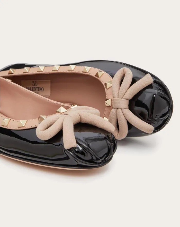 Valentino Ballerinas Woman Rockstud Patent Leather Ballerina For Woman In Black Black Valentino Ballerinas Woman Rockstud Patent Leather Ballerina For Woman In Black Black