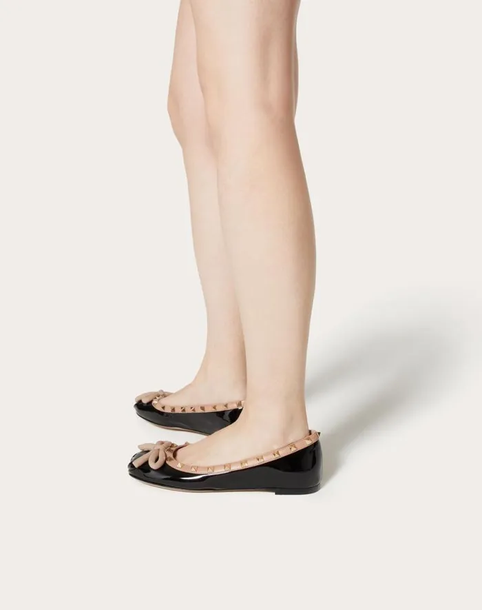 Valentino Ballerinas Woman Rockstud Patent Leather Ballerina For Woman In Black Black Valentino Ballerinas Woman Rockstud Patent Leather Ballerina For Woman In Black Black