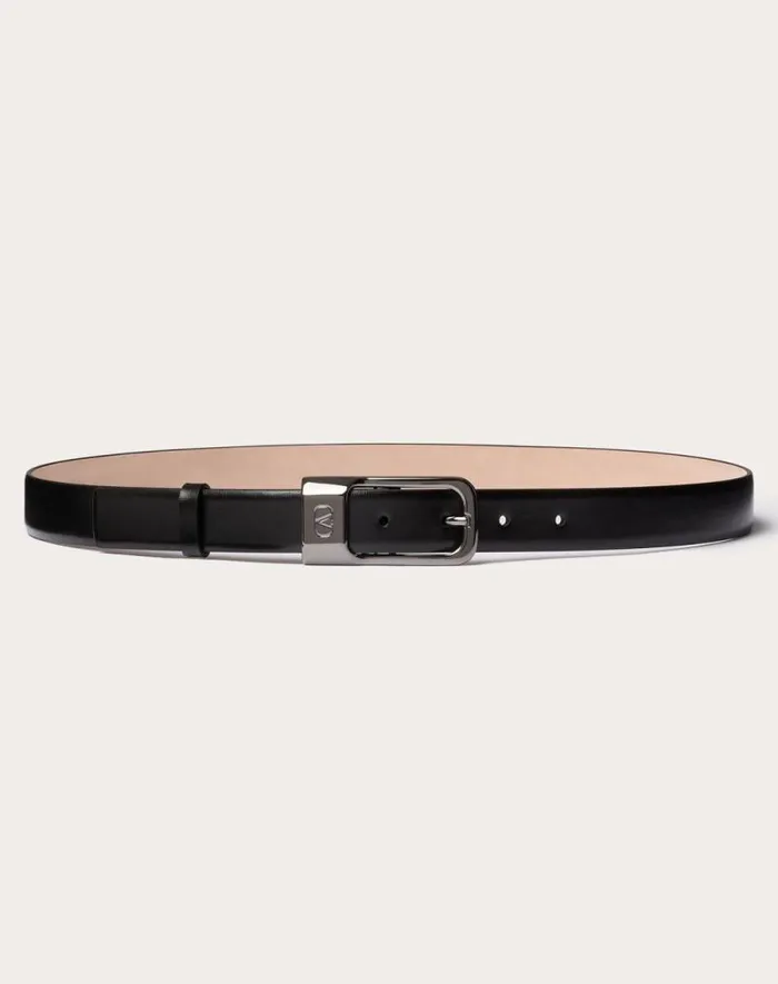 Valentino Belts Man Mini Vlogo Signature Calfskin Leather Belt 25 Mm For Man In Black Black