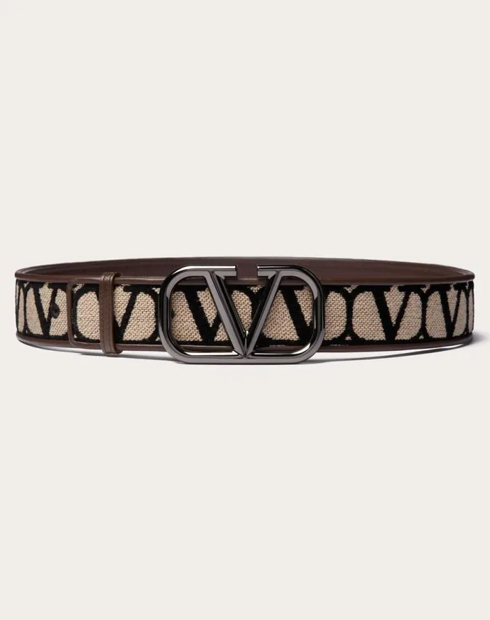 Valentino Belts Man Toile Iconographe Belt With Leather Detailing For Man In Beigeblack Beigeblack