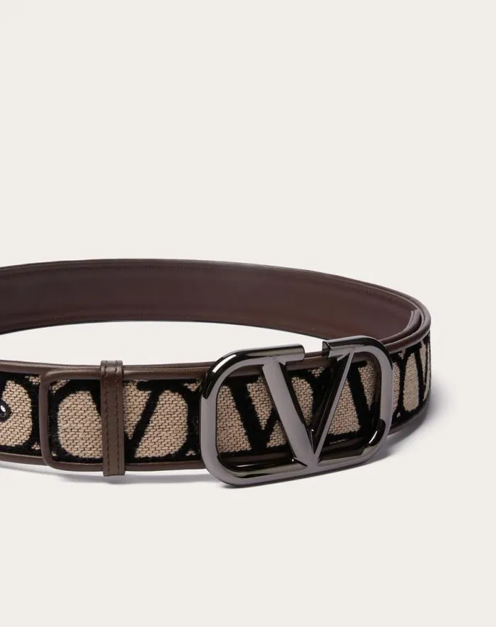 Valentino Belts Man Toile Iconographe Belt With Leather Detailing For Man In Beigeblack Beigeblack Valentino Belts Man Toile Iconographe Belt With Leather Detailing For Man In Beigeblack Beigeblack