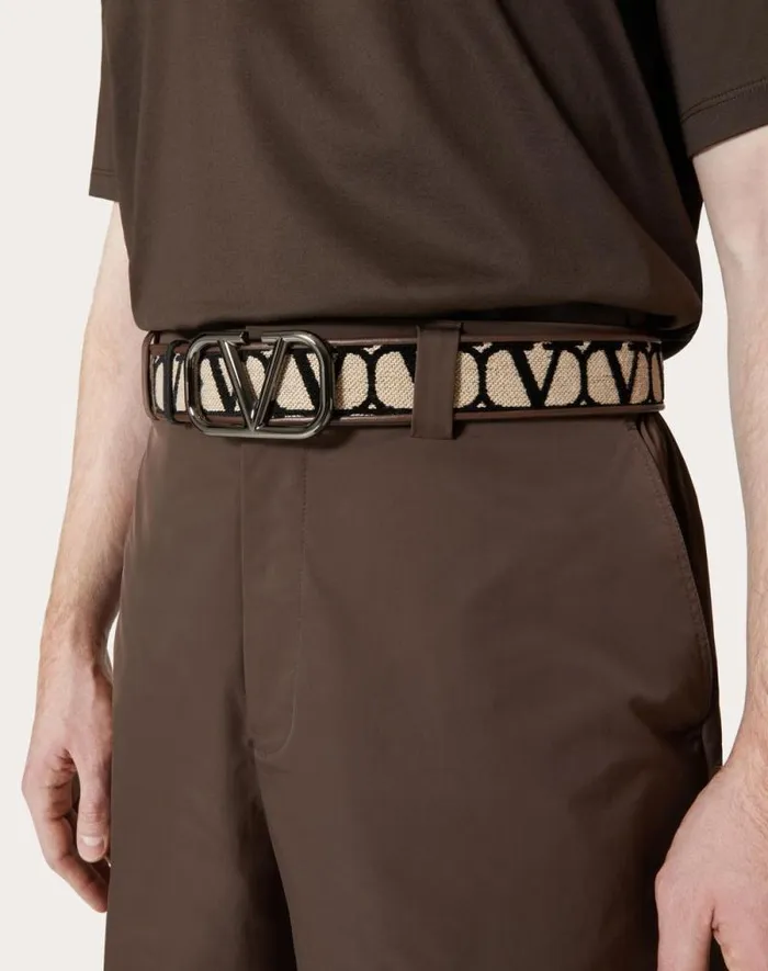 Valentino Belts Man Toile Iconographe Belt With Leather Detailing For Man In Beigeblack Beigeblack Valentino Belts Man Toile Iconographe Belt With Leather Detailing For Man In Beigeblack Beigeblack