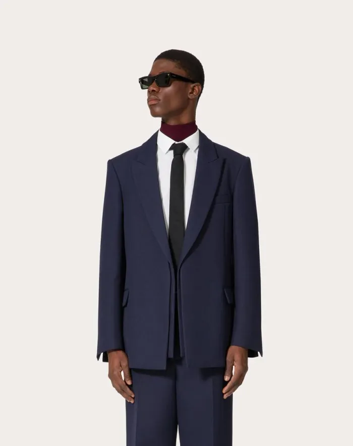 Valentino Coats And Blazers Man Technical Wool Jacket With Double Construction For Man In Navy Navy Valentino Coats And Blazers Man Technical Wool Jacket With Double Construction For Man In Navy Navy