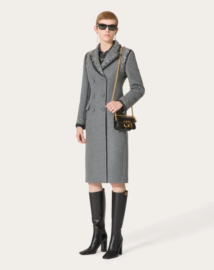 Valentino Coats And Outerwear Woman Embroidered Wool Coat For Woman In Graysilver Graysilver Valentino Coats And Outerwear Woman Embroidered Wool Coat For Woman In Graysilver Graysilver