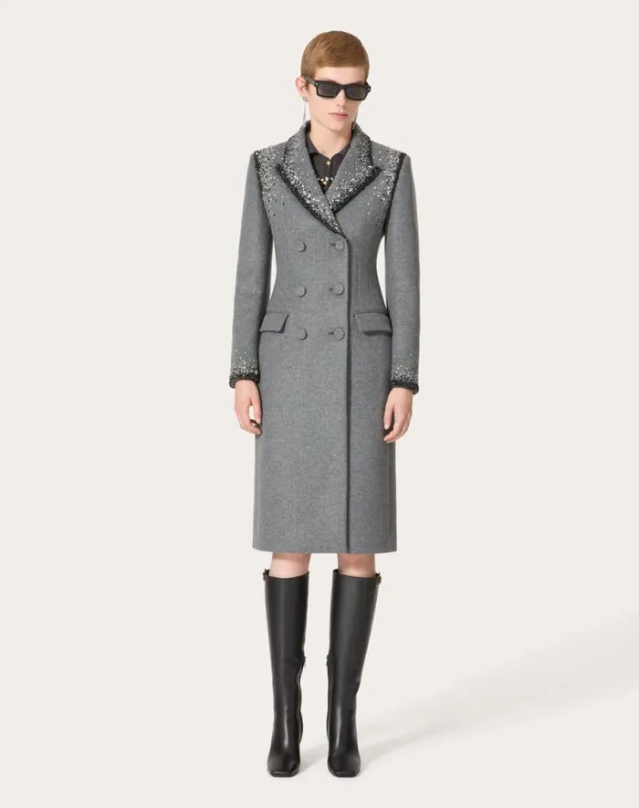 Valentino Coats And Outerwear Woman Embroidered Wool Coat For Woman In Graysilver Graysilver Valentino Coats And Outerwear Woman Embroidered Wool Coat For Woman In Graysilver Graysilver