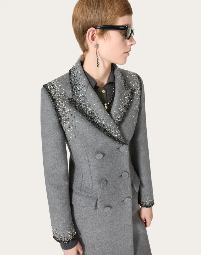 Valentino Coats And Outerwear Woman Embroidered Wool Coat For Woman In Graysilver Graysilver Valentino Coats And Outerwear Woman Embroidered Wool Coat For Woman In Graysilver Graysilver