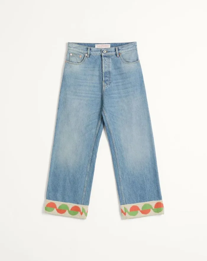 Valentino Denim Man Denim Pants With Jacquard Hem For Man In Denim Denim