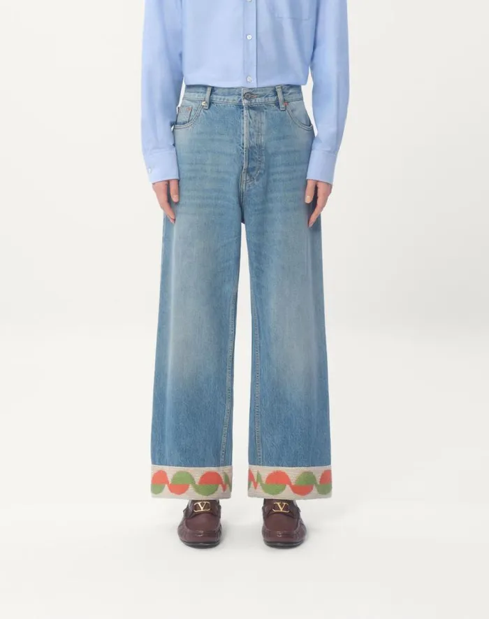 Valentino Denim Man Denim Pants With Jacquard Hem For Man In Denim Denim Valentino Denim Man Denim Pants With Jacquard Hem For Man In Denim Denim