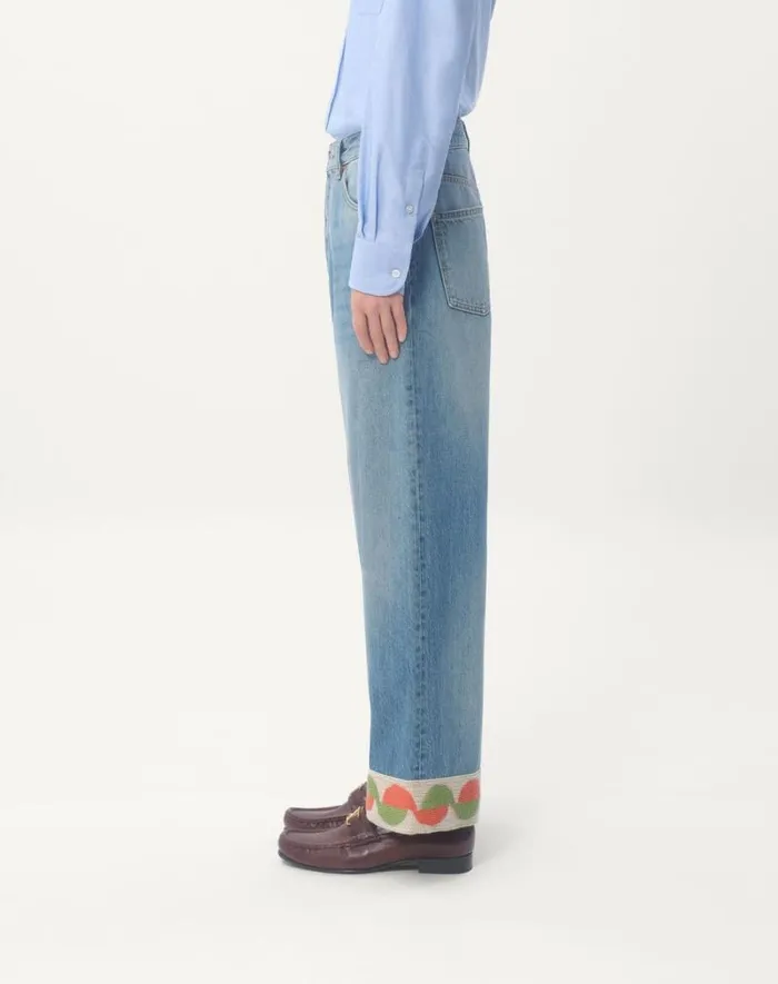Valentino Denim Man Denim Pants With Jacquard Hem For Man In Denim Denim Valentino Denim Man Denim Pants With Jacquard Hem For Man In Denim Denim