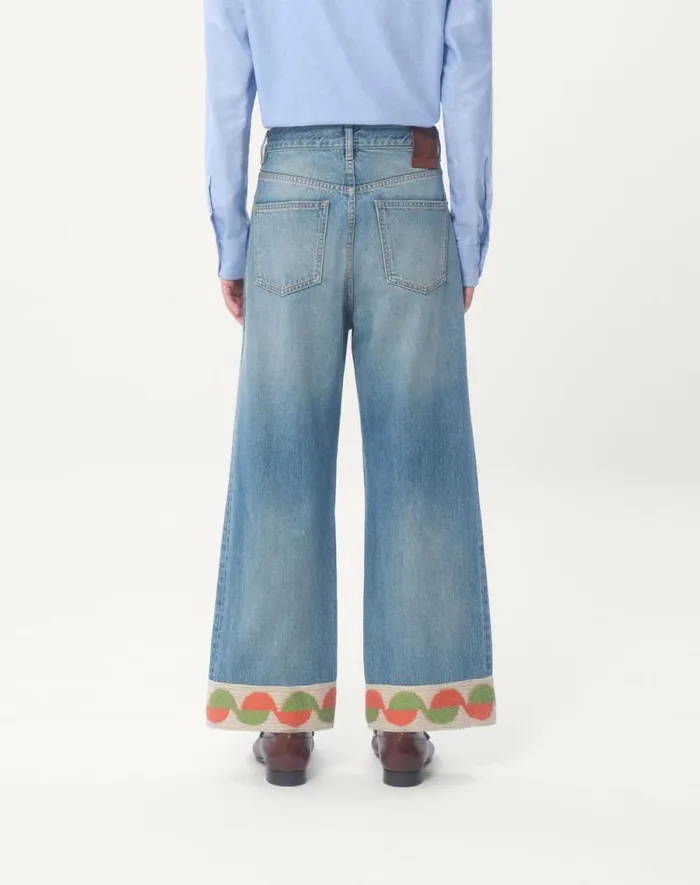 Valentino Denim Man Denim Pants With Jacquard Hem For Man In Denim Denim Valentino Denim Man Denim Pants With Jacquard Hem For Man In Denim Denim
