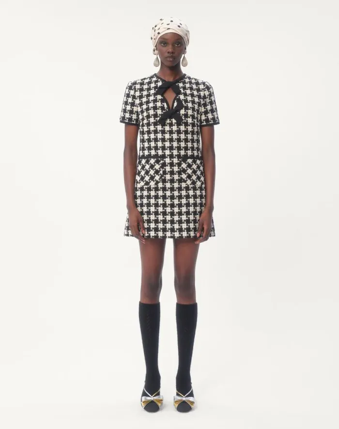 Valentino Dresses Woman Damier Light Tweed Short Dress For Woman In Ivoryblack Ivoryblack Valentino Dresses Woman Damier Light Tweed Short Dress For Woman In Ivoryblack Ivoryblack