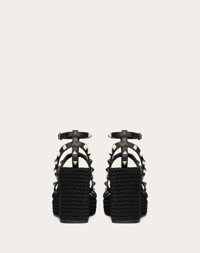 Valentino Espadrilles And Wedges Woman Rockstud Ankle Strap Wedge Sandal In Calfskin Leather 95 Mm For Woman In Poudre Poudre Valentino Espadrilles And Wedges Woman Rockstud Ankle Strap Wedge Sandal In Calfskin Leather 95 Mm For Woman In Poudre Poudre
