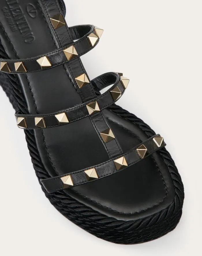 Valentino Espadrilles And Wedges Woman Rockstud Ankle Strap Wedge Sandal In Calfskin Leather 95 Mm For Woman In Poudre Poudre Valentino Espadrilles And Wedges Woman Rockstud Ankle Strap Wedge Sandal In Calfskin Leather 95 Mm For Woman In Poudre Poudre