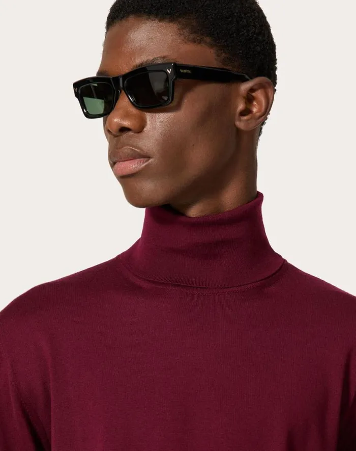 Valentino Knitwear Man Highneck Wool Sweater With Vlogo Signature Embroidery For Man In Black Black Valentino Knitwear Man Highneck Wool Sweater With Vlogo Signature Embroidery For Man In Black Black