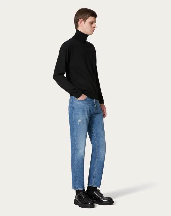 Valentino Knitwear Man Highneck Wool Sweater With Vlogo Signature Embroidery For Man In Black Black Valentino Knitwear Man Highneck Wool Sweater With Vlogo Signature Embroidery For Man In Black Black