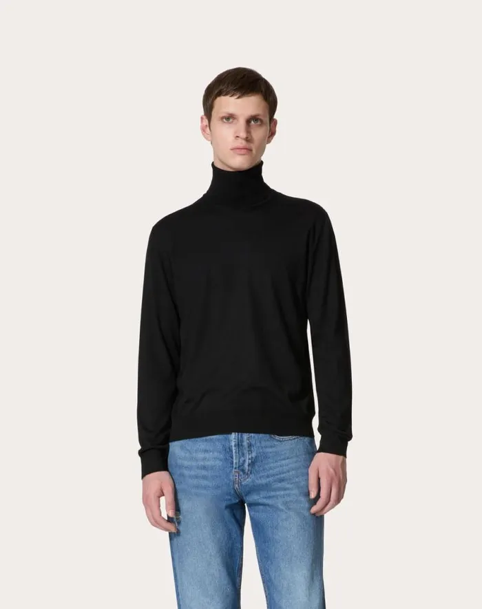 Valentino Knitwear Man Highneck Wool Sweater With Vlogo Signature Embroidery For Man In Black Black Valentino Knitwear Man Highneck Wool Sweater With Vlogo Signature Embroidery For Man In Black Black