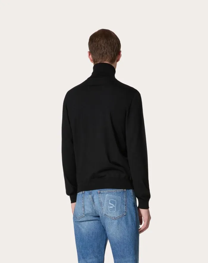 Valentino Knitwear Man Highneck Wool Sweater With Vlogo Signature Embroidery For Man In Black Black Valentino Knitwear Man Highneck Wool Sweater With Vlogo Signature Embroidery For Man In Black Black