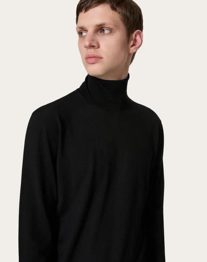 Valentino Knitwear Man Highneck Wool Sweater With Vlogo Signature Embroidery For Man In Black Black Valentino Knitwear Man Highneck Wool Sweater With Vlogo Signature Embroidery For Man In Black Black