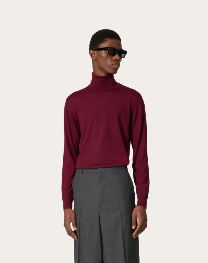 Valentino Knitwear Man Highneck Wool Sweater With Vlogo Signature Embroidery For Man In Black Black Valentino Knitwear Man Highneck Wool Sweater With Vlogo Signature Embroidery For Man In Black Black