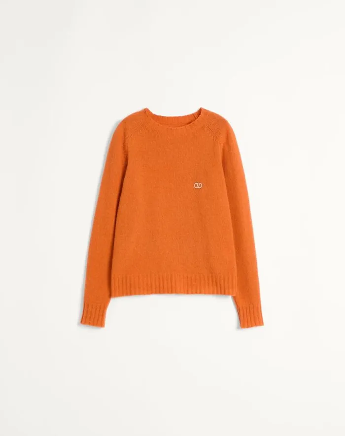 Valentino Knitwear Man Shetland Wool Crewneck Sweater With Vlogo Embroidery For Man In Orange Orange