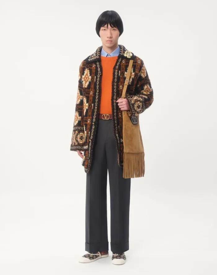 Valentino Knitwear Man Shetland Wool Crewneck Sweater With Vlogo Embroidery For Man In Orange Orange Valentino Knitwear Man Shetland Wool Crewneck Sweater With Vlogo Embroidery For Man In Orange Orange