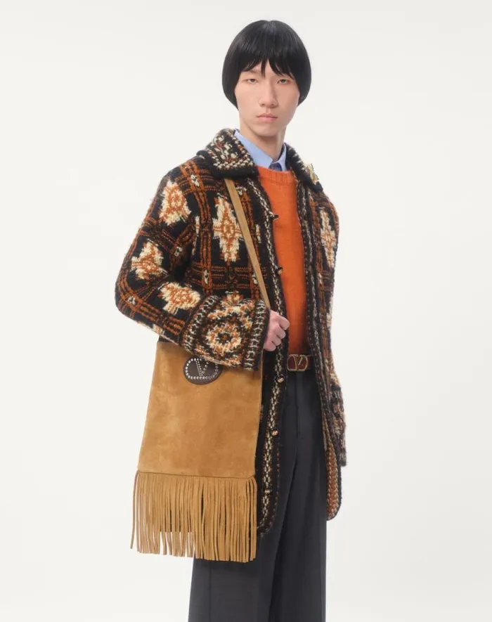 Valentino Knitwear Man Shetland Wool Crewneck Sweater With Vlogo Embroidery For Man In Orange Orange Valentino Knitwear Man Shetland Wool Crewneck Sweater With Vlogo Embroidery For Man In Orange Orange
