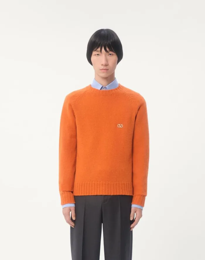 Valentino Knitwear Man Shetland Wool Crewneck Sweater With Vlogo Embroidery For Man In Orange Orange Valentino Knitwear Man Shetland Wool Crewneck Sweater With Vlogo Embroidery For Man In Orange Orange