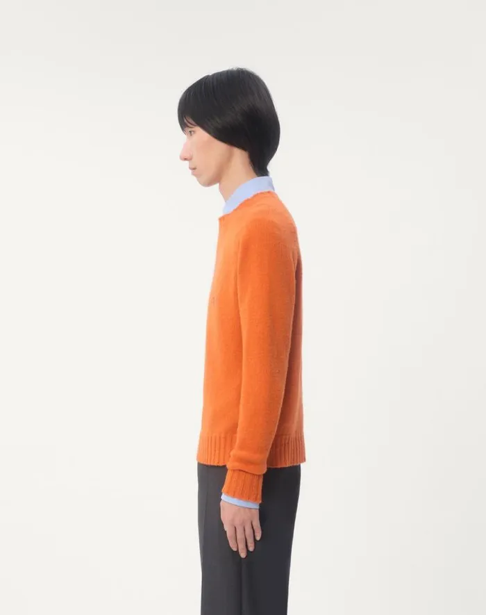 Valentino Knitwear Man Shetland Wool Crewneck Sweater With Vlogo Embroidery For Man In Orange Orange Valentino Knitwear Man Shetland Wool Crewneck Sweater With Vlogo Embroidery For Man In Orange Orange