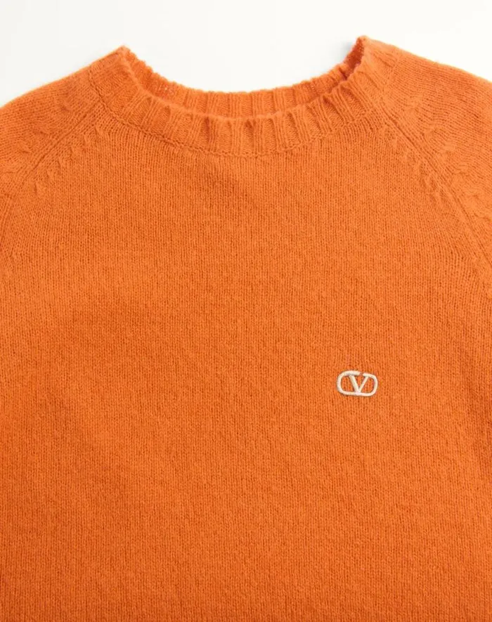 Valentino Knitwear Man Shetland Wool Crewneck Sweater With Vlogo Embroidery For Man In Orange Orange Valentino Knitwear Man Shetland Wool Crewneck Sweater With Vlogo Embroidery For Man In Orange Orange