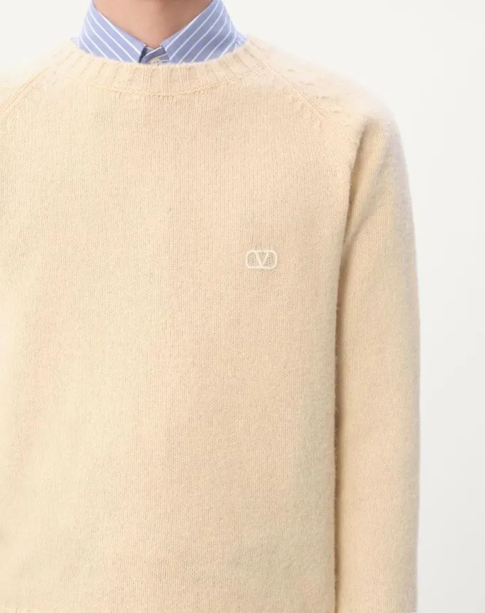 Valentino Knitwear Man Shetland Wool Crewneck Sweater With Vlogo Embroidery For Man In Orange Orange Valentino Knitwear Man Shetland Wool Crewneck Sweater With Vlogo Embroidery For Man In Orange Orange