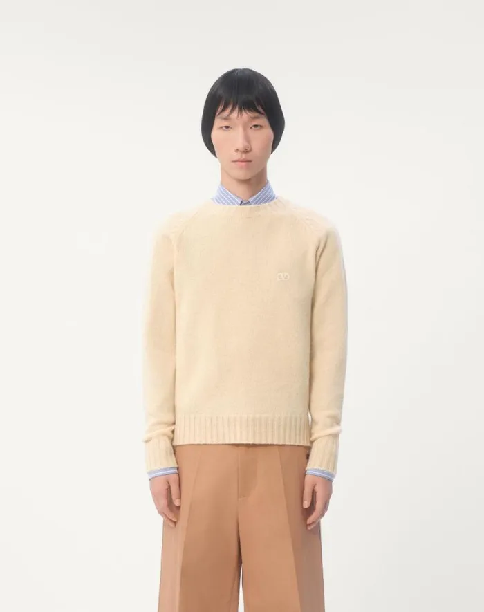 Valentino Knitwear Man Shetland Wool Crewneck Sweater With Vlogo Embroidery For Man In Orange Orange Valentino Knitwear Man Shetland Wool Crewneck Sweater With Vlogo Embroidery For Man In Orange Orange