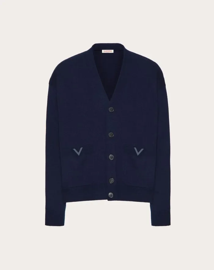 Valentino Knitwear Man Wool Cardigan With Rubberized V Detail For Man In Navy Navy Valentino Knitwear Man Wool Cardigan With Rubberized V Detail For Man In Navy Navy