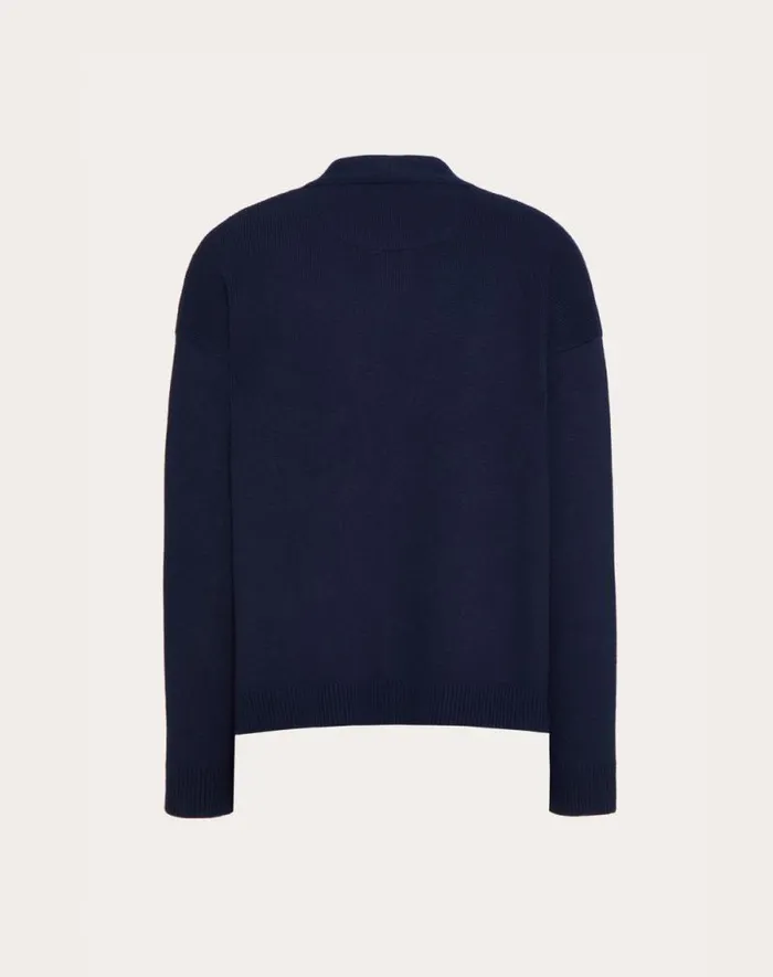 Valentino Knitwear Man Wool Cardigan With Rubberized V Detail For Man In Navy Navy Valentino Knitwear Man Wool Cardigan With Rubberized V Detail For Man In Navy Navy