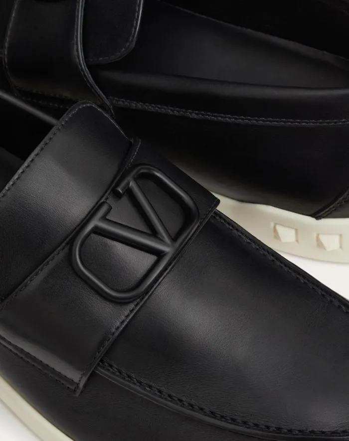 Valentino Laceups And Loafers Man Leisure Flows Calfskin Loafer For Man In Black Black Valentino Laceups And Loafers Man Leisure Flows Calfskin Loafer For Man In Black Black
