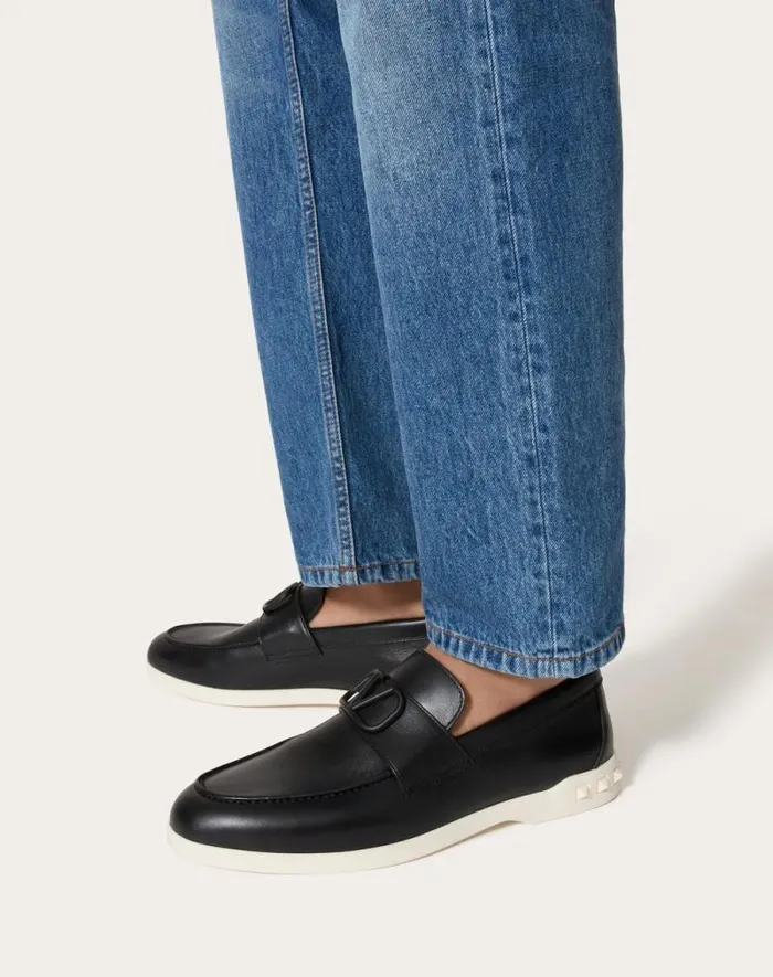 Valentino Laceups And Loafers Man Leisure Flows Calfskin Loafer For Man In Black Black Valentino Laceups And Loafers Man Leisure Flows Calfskin Loafer For Man In Black Black