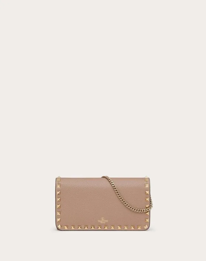 Valentino Mini Bags Woman Rockstud Grainy Calfskin Chain Pouch For Woman In Black Black