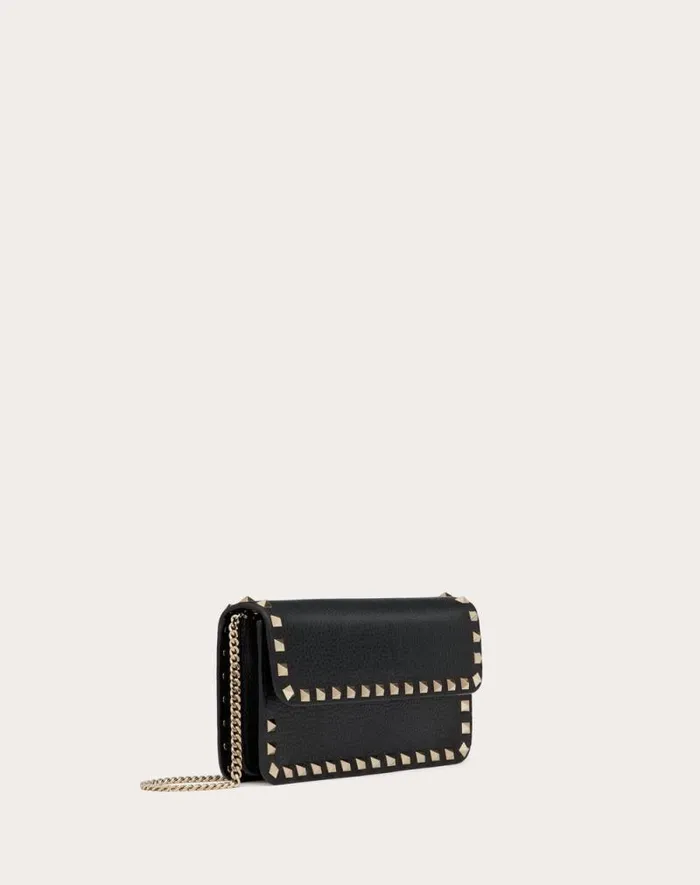 Valentino Mini Bags Woman Rockstud Grainy Calfskin Chain Pouch For Woman In Black Black