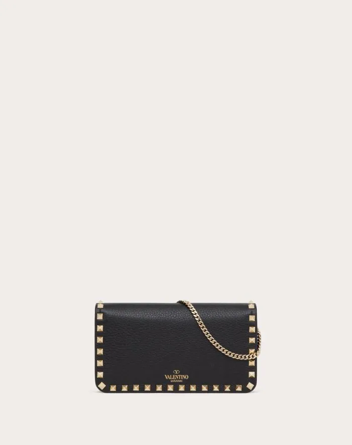 Valentino Mini Bags Woman Rockstud Grainy Calfskin Chain Pouch For Woman In Black Black
