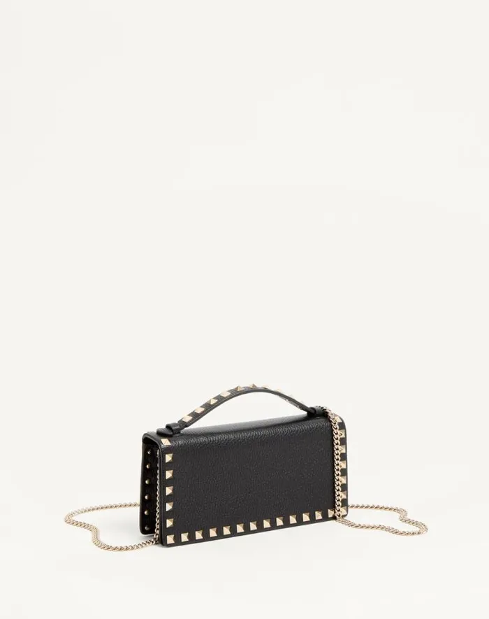 Valentino Mini Bags Woman Rockstud Wallet With Chain In Grainy Calfskin For Woman In Black Black Valentino Mini Bags Woman Rockstud Wallet With Chain In Grainy Calfskin For Woman In Black Black