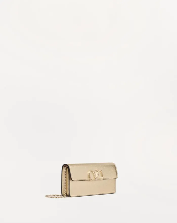 Valentino Mini Bags Woman Vlogo Signature Metallic Grainy Calfskin Wallet With Chain For Woman In Platinum Platinum Valentino Mini Bags Woman Vlogo Signature Metallic Grainy Calfskin Wallet With Chain For Woman In Platinum Platinum