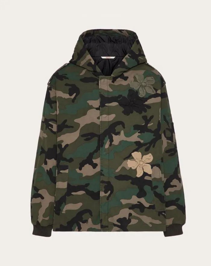 Valentino Outerwear Man Cotton Caban With Hood And Embroidered Camouflower Patch For Man In Army Camo Army Camo Valentino Outerwear Man Cotton Caban With Hood And Embroidered Camouflower Patch For Man In Army Camo Army Camo