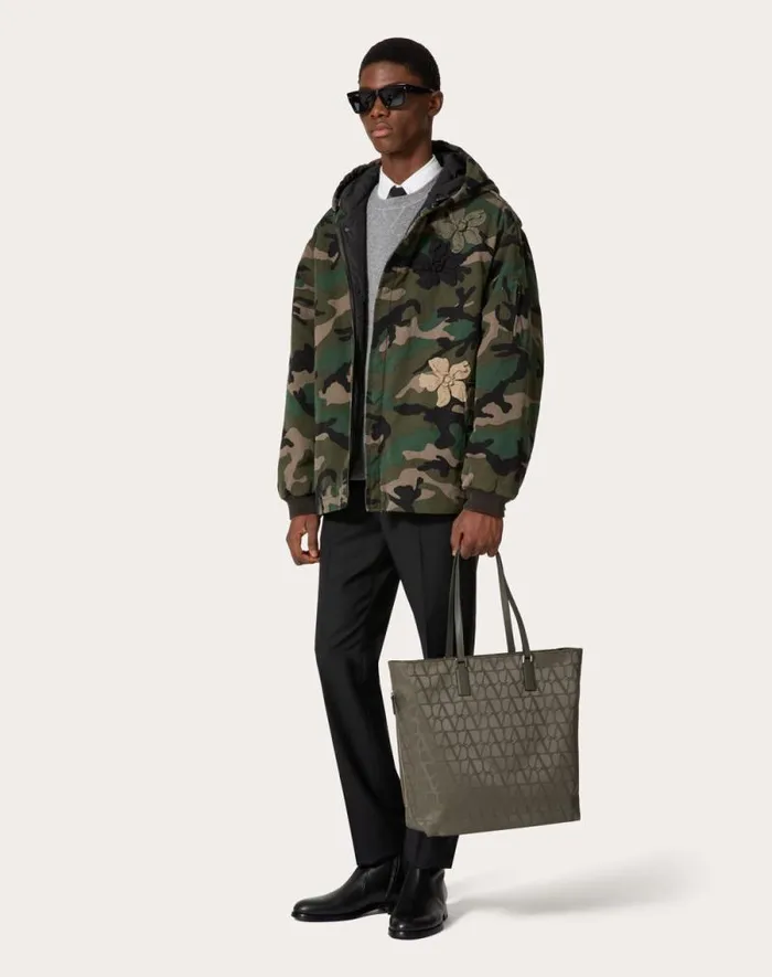 Valentino Outerwear Man Cotton Caban With Hood And Embroidered Camouflower Patch For Man In Army Camo Army Camo Valentino Outerwear Man Cotton Caban With Hood And Embroidered Camouflower Patch For Man In Army Camo Army Camo