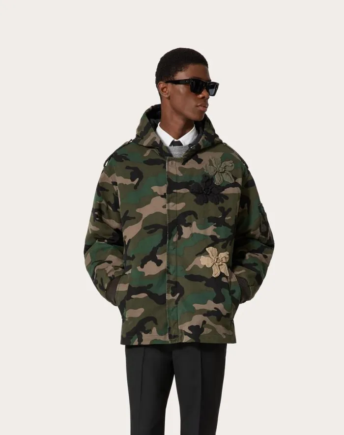 Valentino Outerwear Man Cotton Caban With Hood And Embroidered Camouflower Patch For Man In Army Camo Army Camo Valentino Outerwear Man Cotton Caban With Hood And Embroidered Camouflower Patch For Man In Army Camo Army Camo